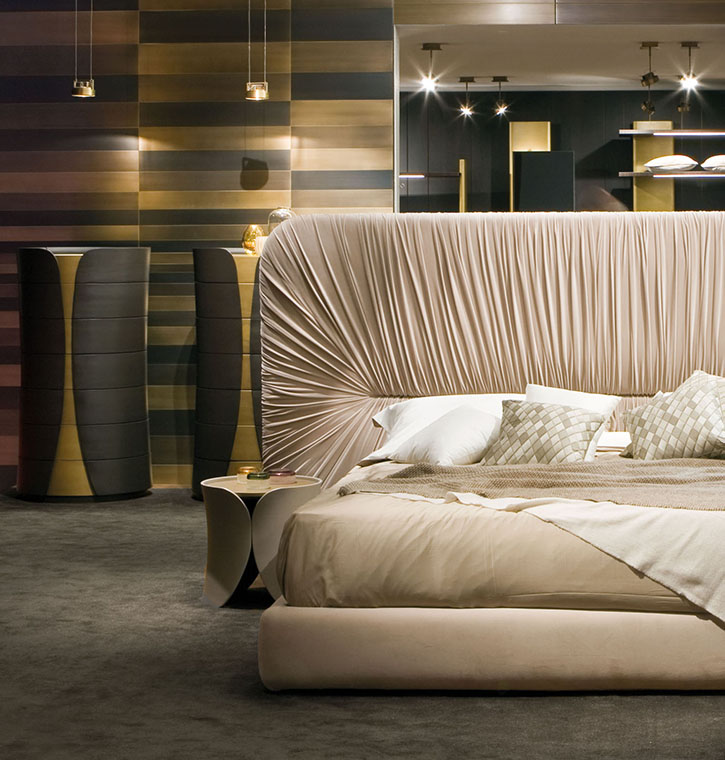 laurameroni luxury high end customizable draped bed in precious materials