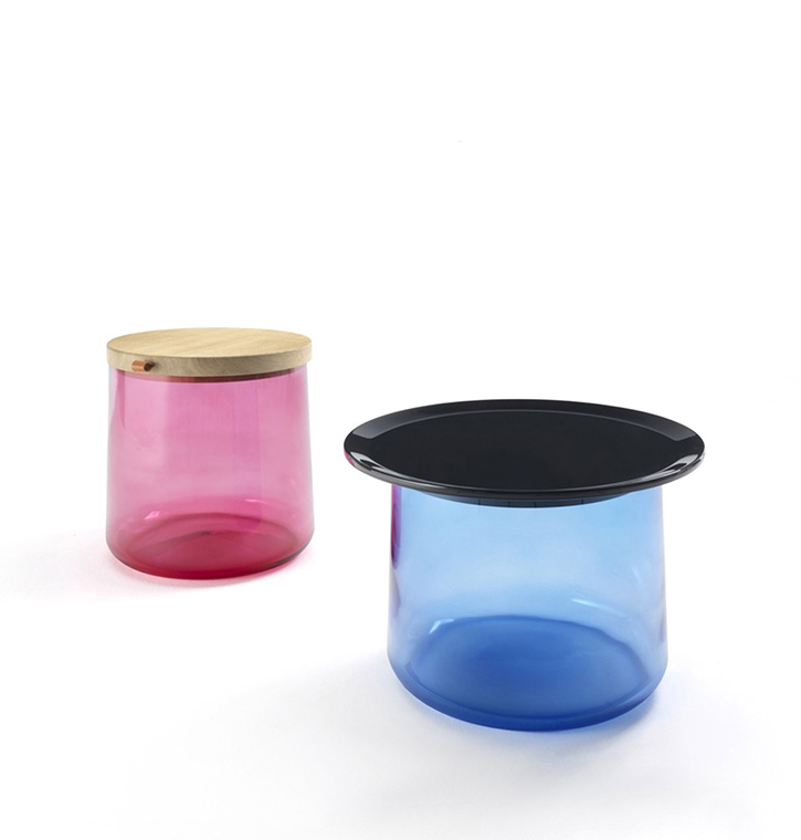 Durame - Tea - Container tables made of colored glass and with a wooden cap