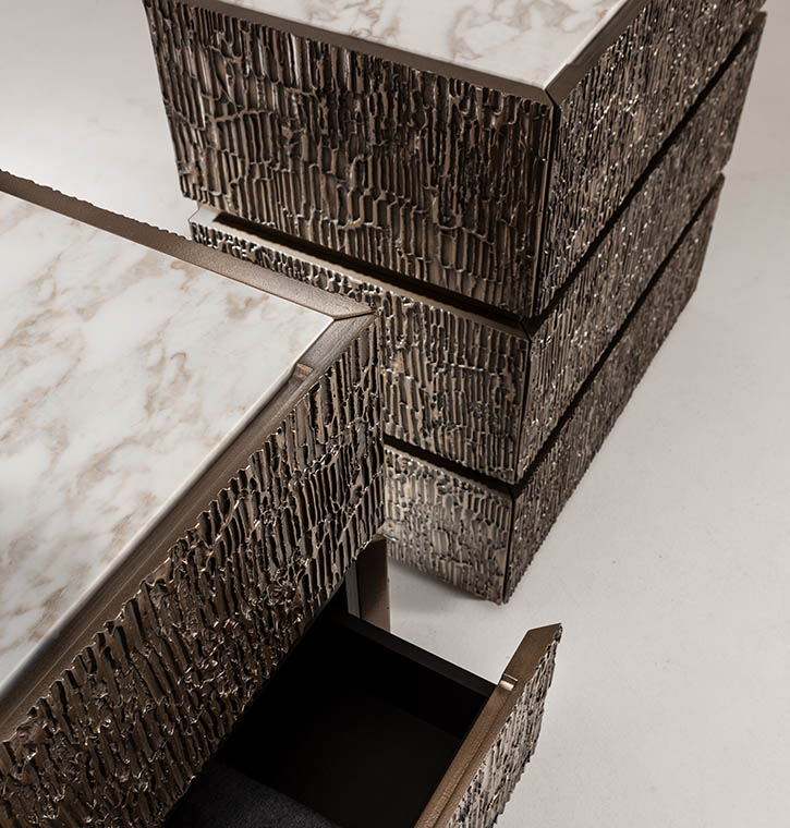 laurameroni chest of drawers corteccia in textured wood with liquid metal bronze