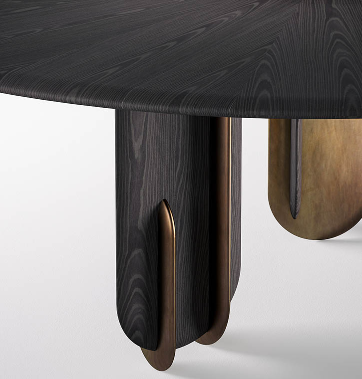 laurameroni talento rounded design table in wood and liquid metal