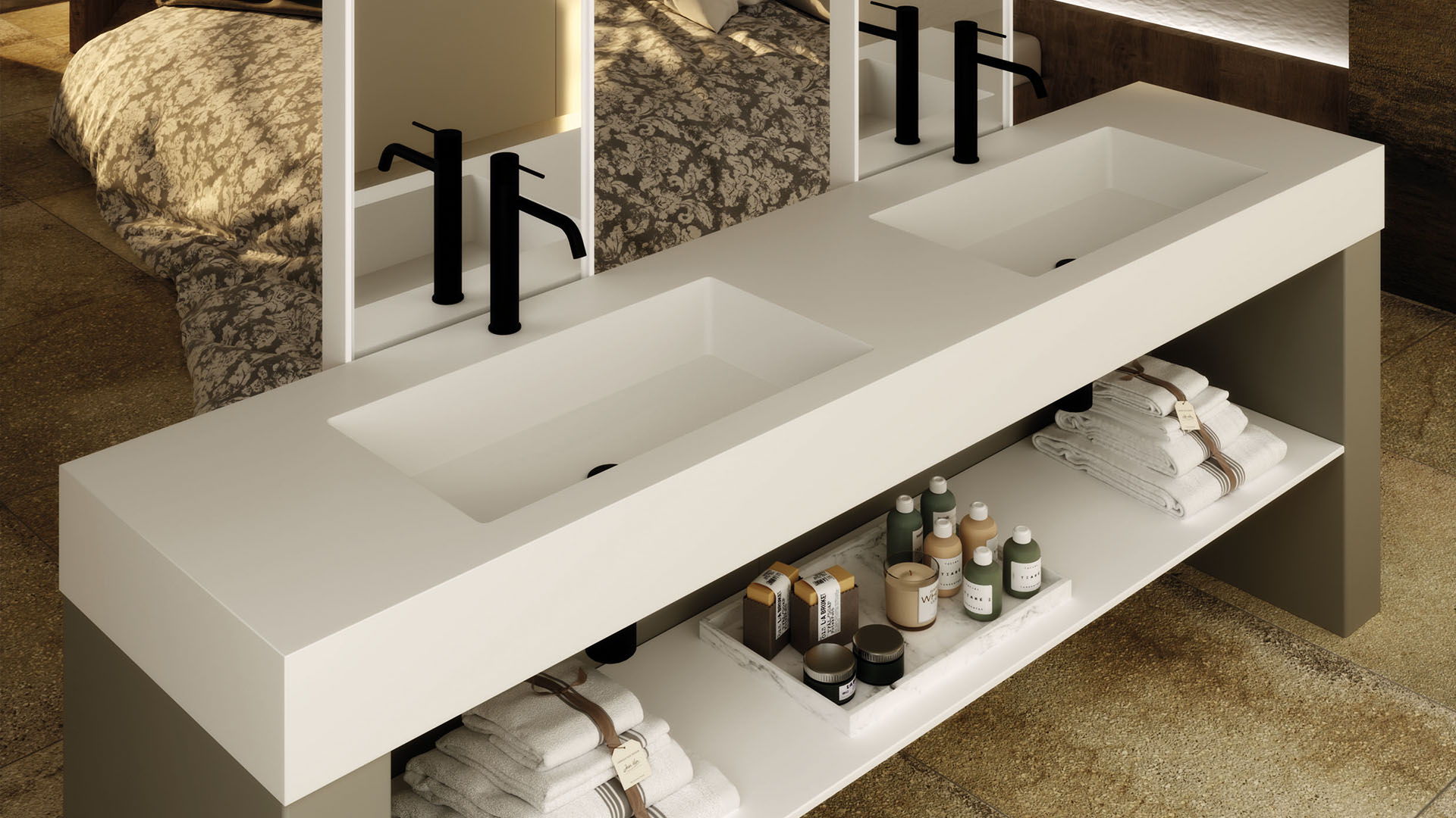 Piano con vasca integrata Fram XL con doppio lavabo e mensole Modern di Quare Design