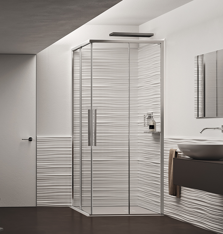 Corner shower enclosure with double sliding door