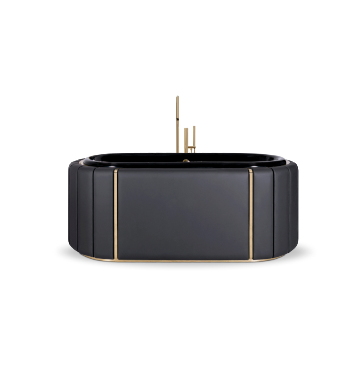 Darian Bathtub was conceived with precise knowledge of production techniques and materials, from metalwork to upholstery. Featuring a cluster of gold-plated brass asymmetrical bars enveloping a black leather structure.