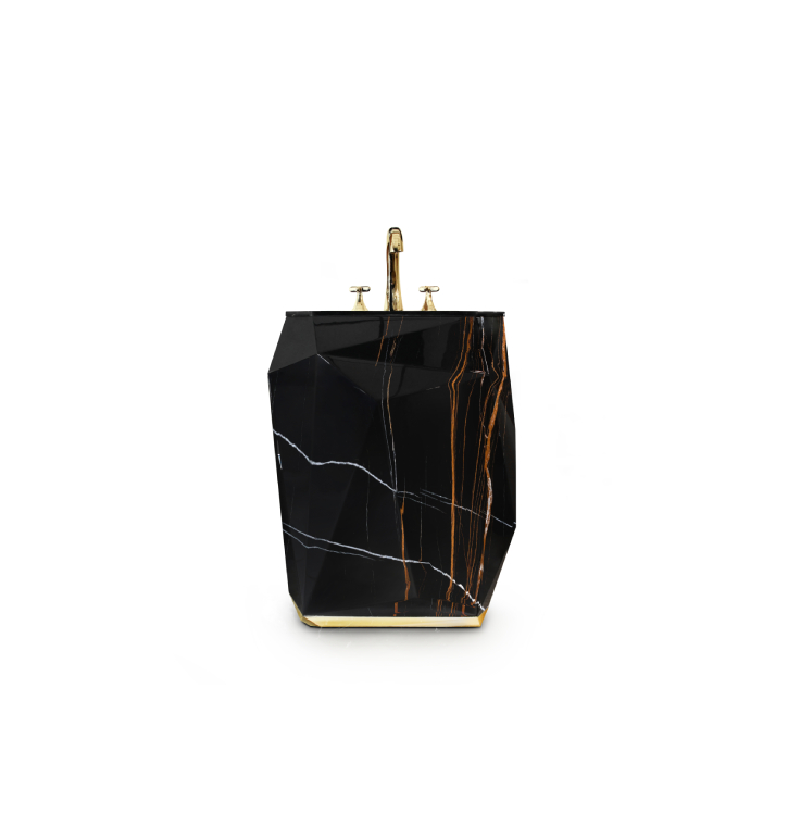 The Diamond Faux Marble Pedestal Sink turns heads wherever it stands. It features a dazzling wooden structure finished in a faux-marble painting glossy finish, contrasting perfectly with the interior, covered in gold leaf