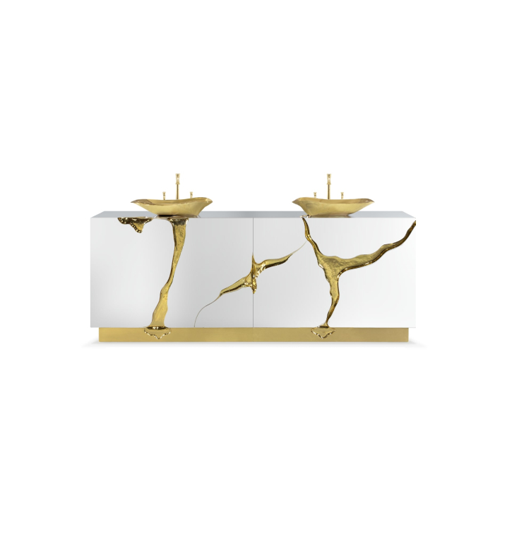 Lapiaz was inspired by the typical karst formations produced by the dissolution of limestone rocks. With a polished brass tear enhanced by its rich aesthetic as well as a set of four doors finished in poplar root veneer, this Lapiaz Vanity Cabinet is such a statement that stands out in your bathroom interior design!