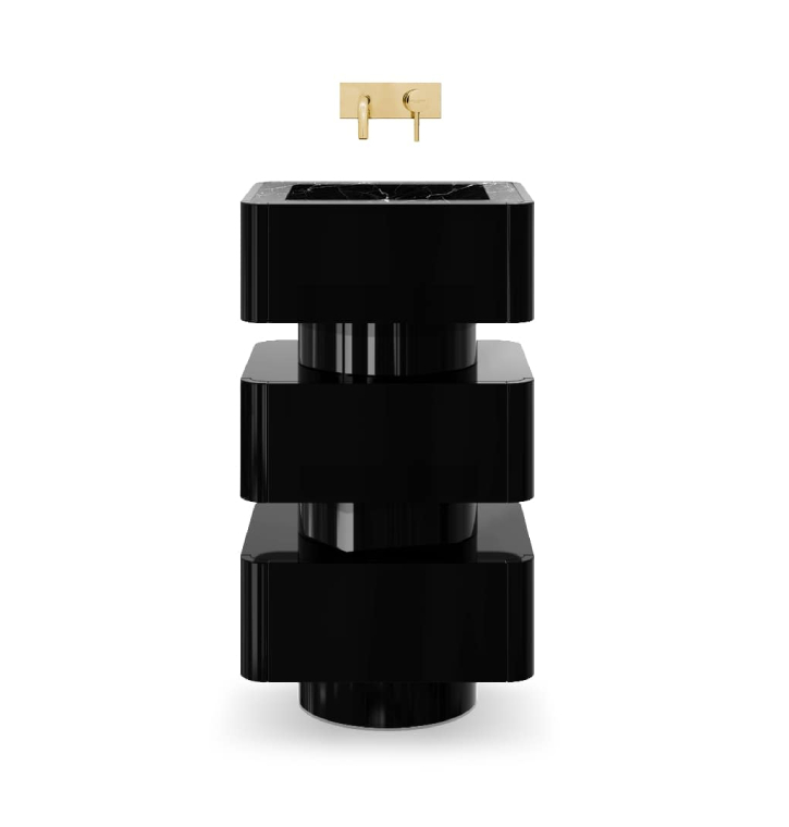 Shinto shrines are places of reverence and the abodes of the 'kami' Gods, where sacred objects are stored in the innermost chamber of the altar, not seen by anybody. The Shinto Freestanding was designed with a gloss black lacquered structure and Nero Marquina marble sink that will award your bathroom design a unique style.