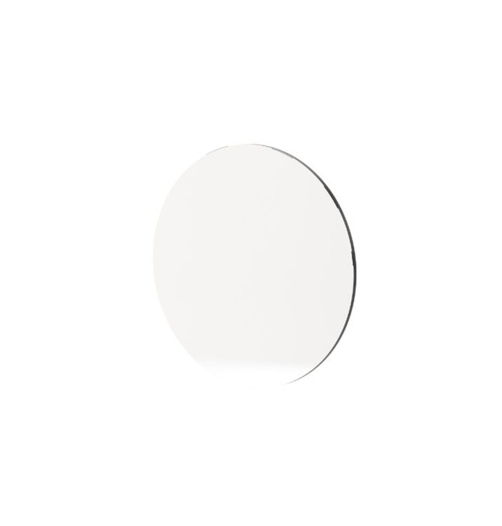 The Circle Mirror is shown against a white background as a perfectly round reflective disc with a smooth lacquered frame, its clean geometry and polished surface emphasizing a sense of balance, simplicity, and quiet elegance.