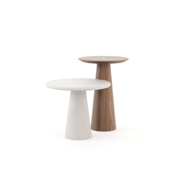 The Olivier Side Tables are shown against a white background as two round tables with softly curved tops and conical bases, one in light grey and the other in warm wood, their balanced silhouettes highlighting the gentle interplay of form, material, and modern simplicity.