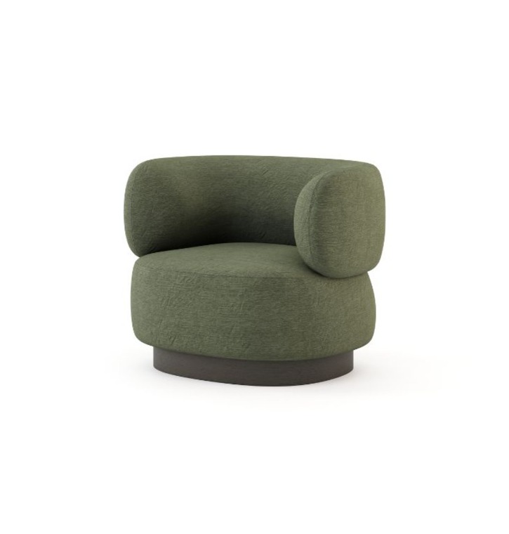 The Dolomites armchair is an upholstered chair with rounded shapes, covered in green striped fabric, featuring a thick, cylindrical seat, a curved, enveloping backrest and a dark circular base that emphasises its soft, sculptural form.