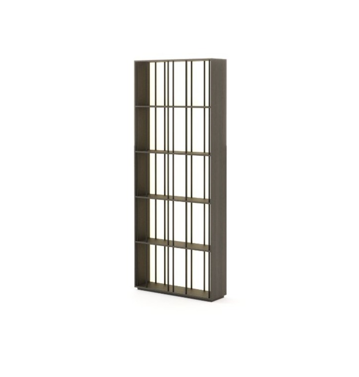 The Buren Bookcase is shown against a white background as a tall dark‑wood shelving structure defined by evenly spaced vertical and horizontal lines, creating a clean rhythmic grid that highlights its minimalist, architectural presence.