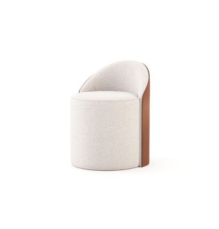 The Elis Stool is shown as a compact chair‑style stool with a cylindrical base and a small curved backrest, featuring light beige upholstery on the seat and front and smooth brown leather on the back and sides, creating an organic, softly rounded silhouette.
