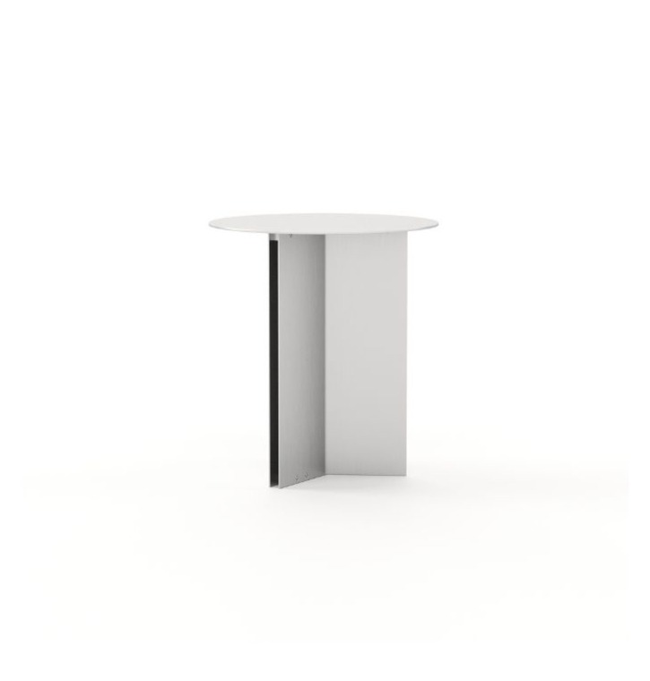 The Steel Side Table is shown against a white background as a round table with a smooth top and a cross‑shaped base, its clean geometry and light presence emphasizing the quiet elegance and restraint of its minimalist design.