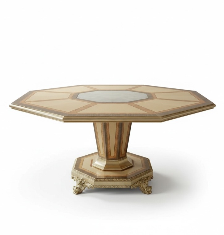 Marzorati Agnes octagonal dining table in maple wood, neoclassical style with silver base.