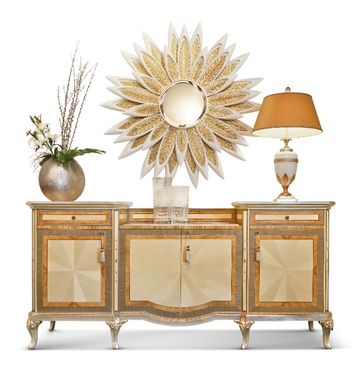 Marzorati Agnes 2-door display cabinet in maple and olive wood, neoclassical style.