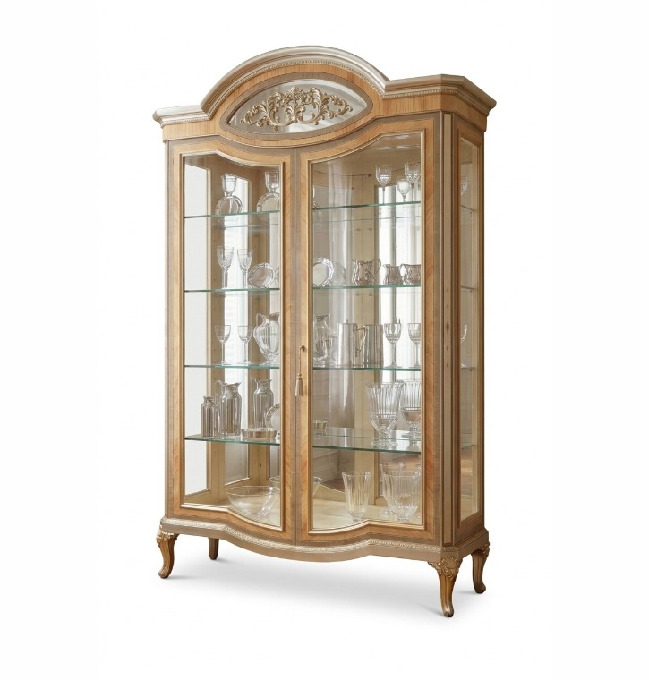 Marzorati Agnes 2-door display cabinet in maple and olive wood, neoclassical style.