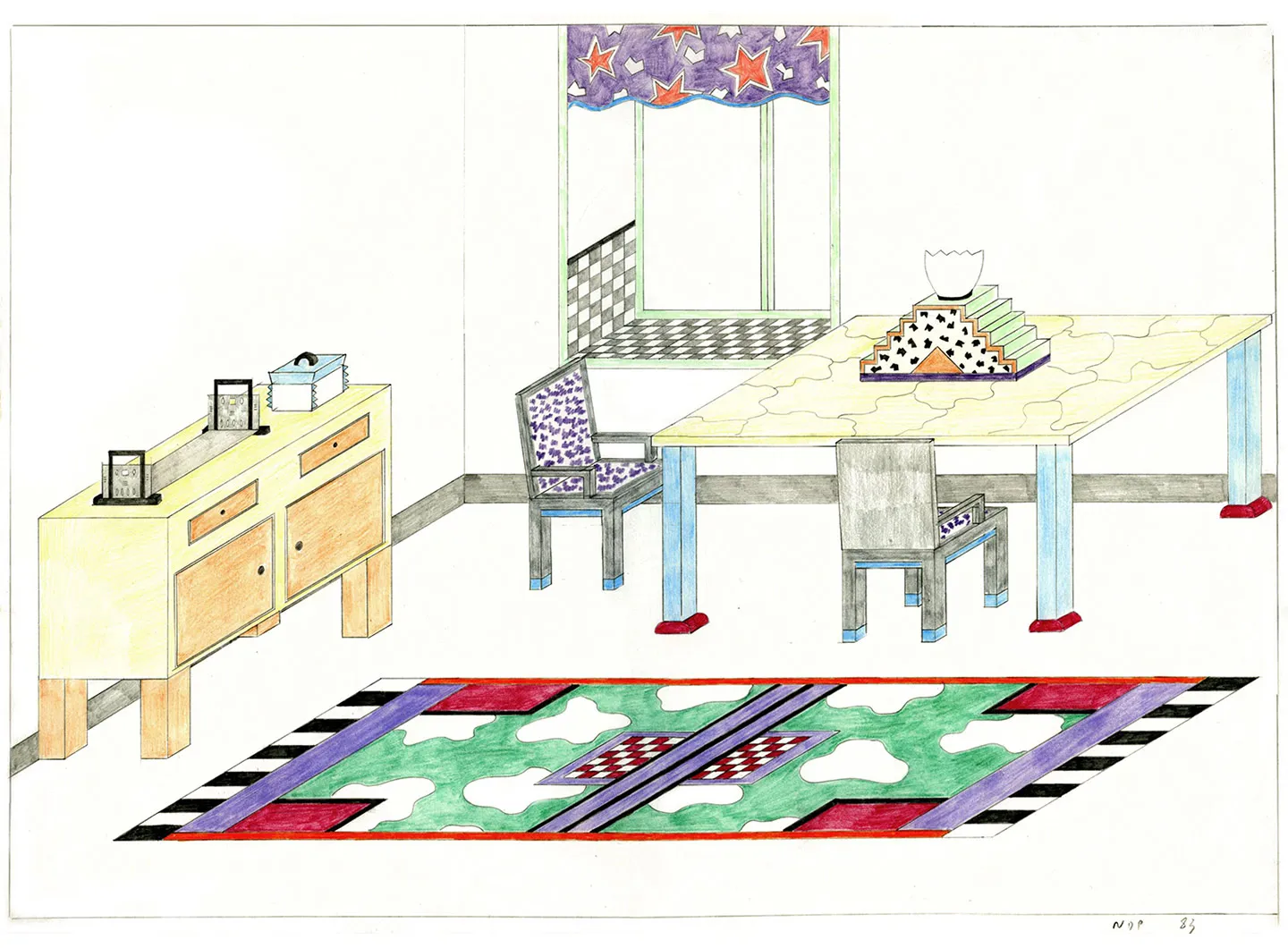 Nathalie du Pasquier, drawing of an interior