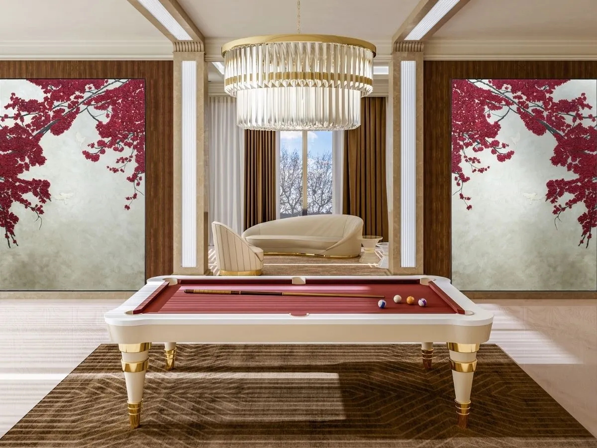 luxury pool table with wine cloth and gold details