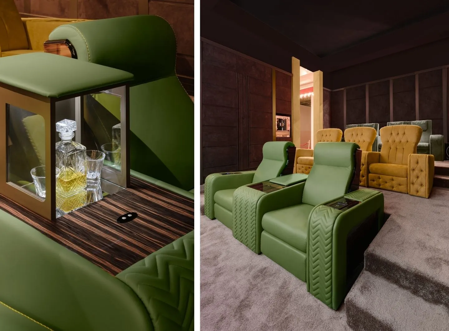green leather home theater seating with reclining mechanism