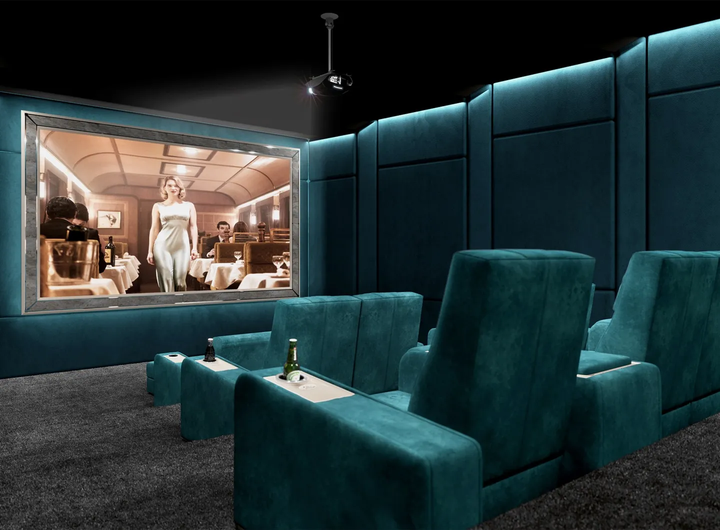 private home theater room with emerald chairs and padded wall panels