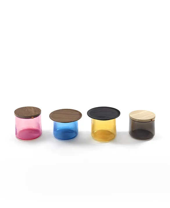 Durame - Tea - Container tables made of colored glass and with a wooden cap