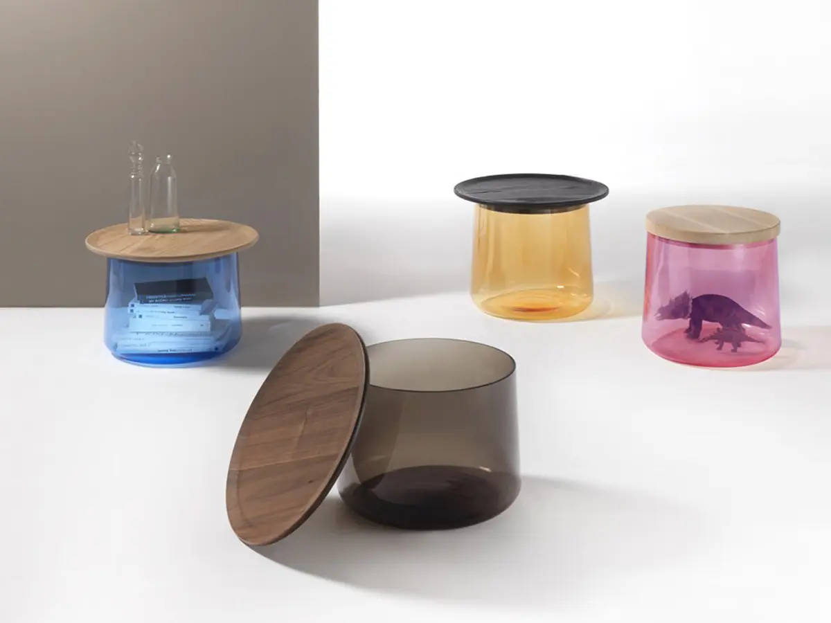 Durame - Tea - Container tables made of colored glass and with a wooden cap