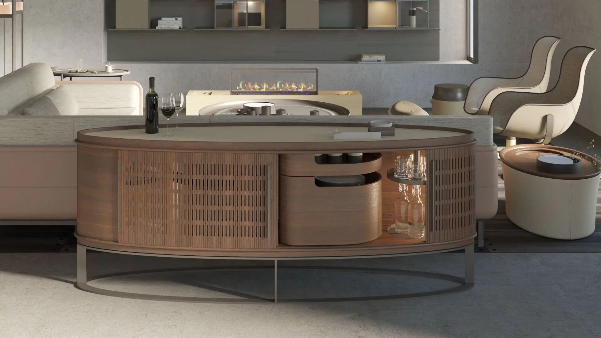 Buffet ovale, elementi in legno e in metallo.