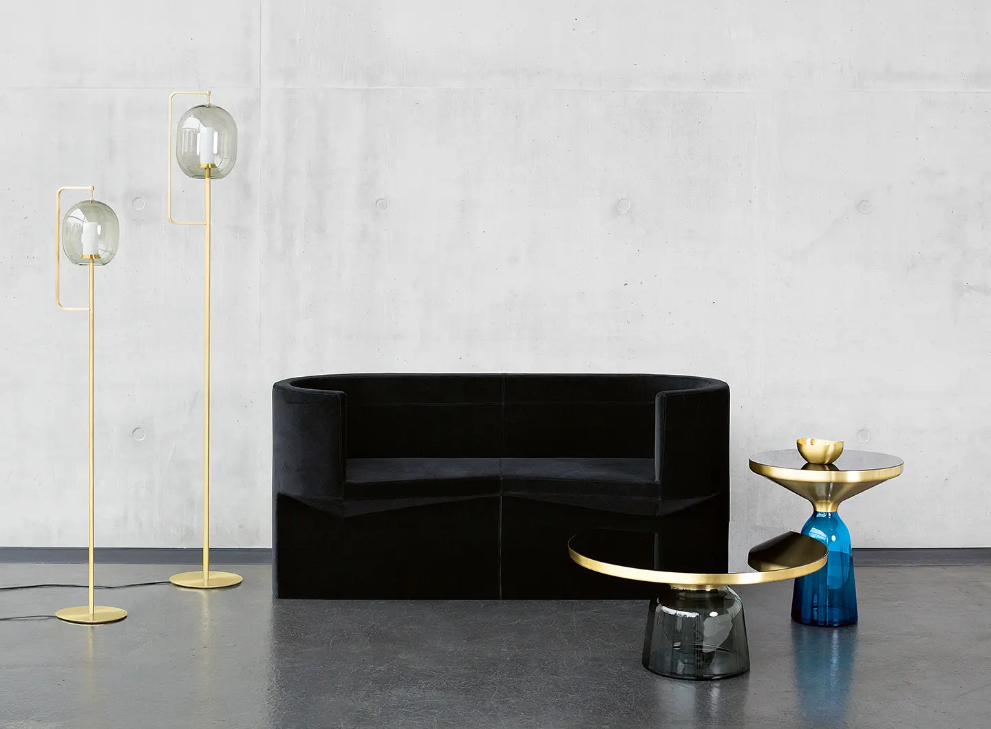 Konstantin Grcic Odin Sofa, Neri&Hu Lantern Light Floor Lamp, Sebastian Herkner Bell Table