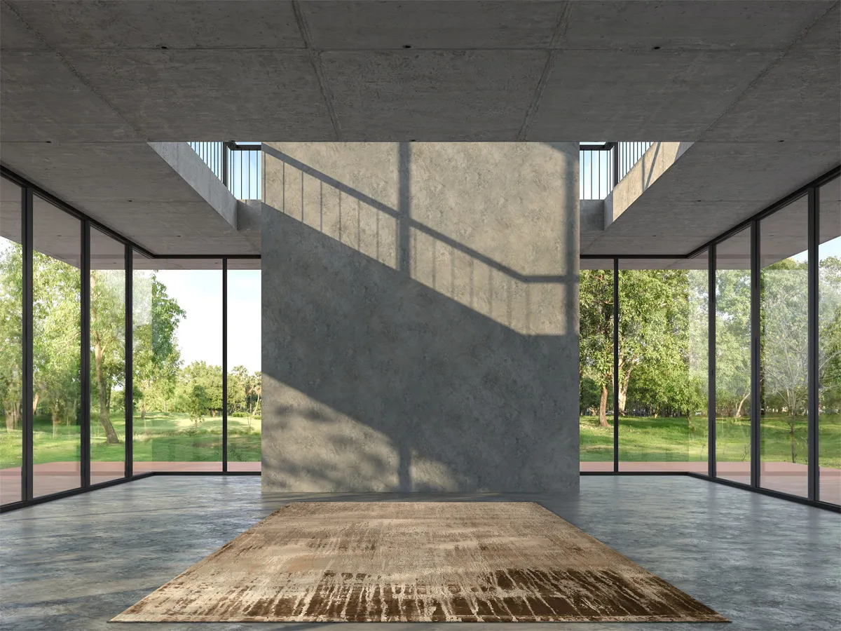 Foto of Abstract Rug placed in a room of concrete & glass windows through which you can see the green woods