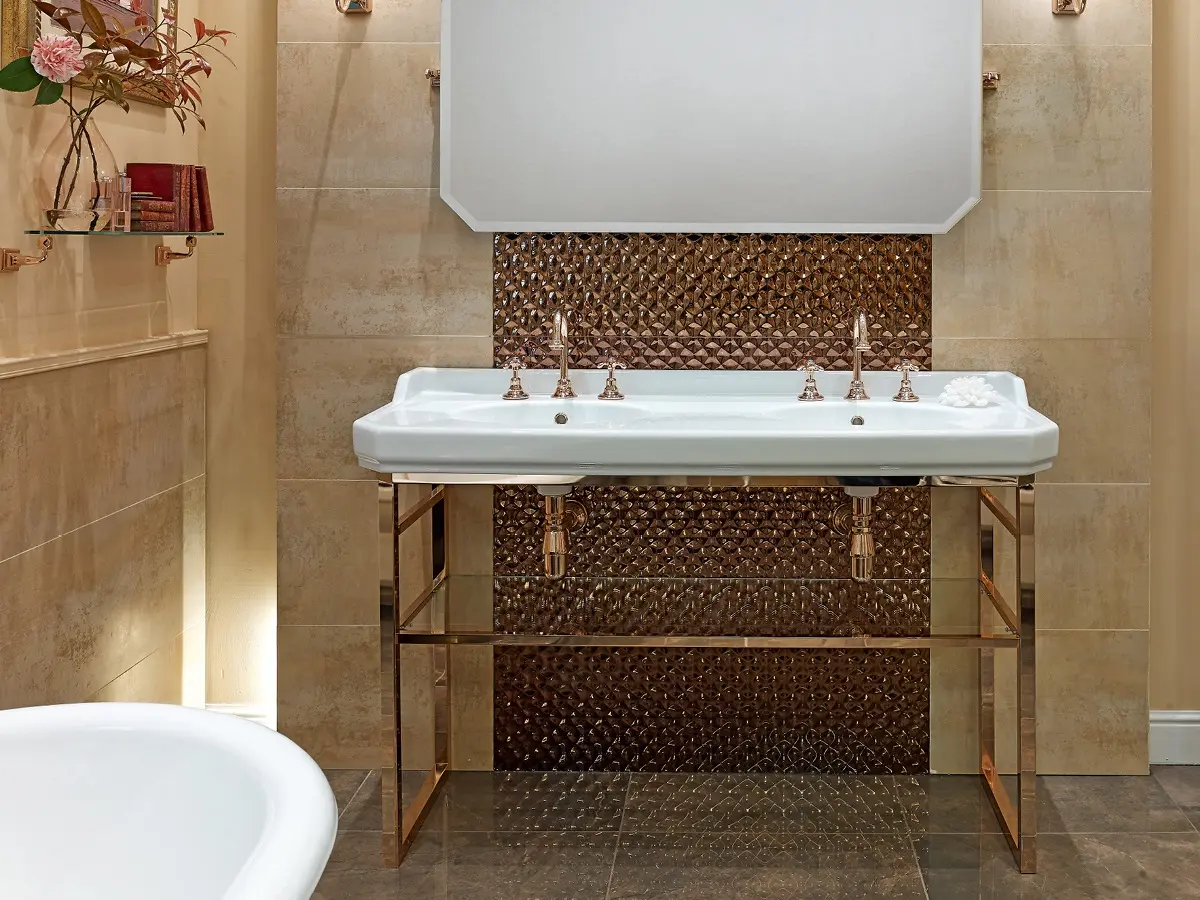 Sbordoni 1910 - Romana double console basin with Pink Gold finished metal stand.