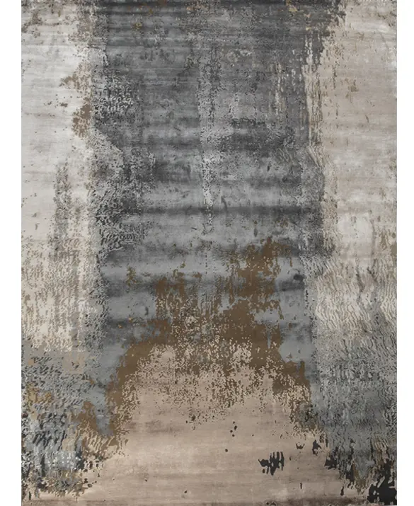 Foto of a rug with an abstract design in blue, brown and sand tones