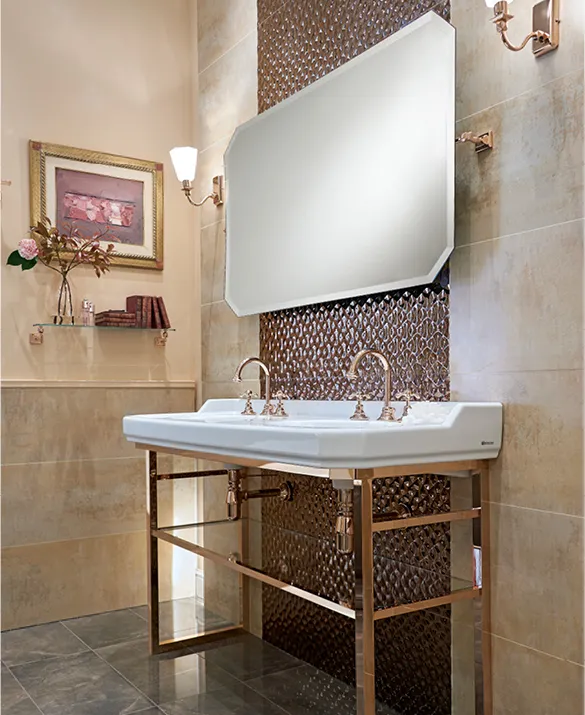 Sbordoni 1910 - Romana double console basin with Pink Gold finished metal stand.