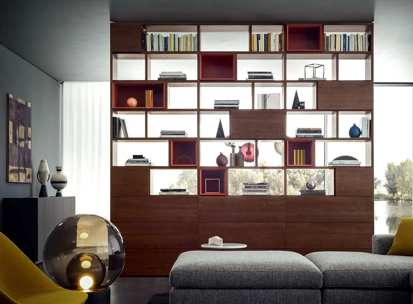 libreria bifacciale con  moduli inseriti pianca