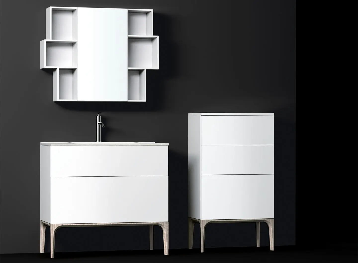 MADIA  Glossy White lacquer with Oak Feet
