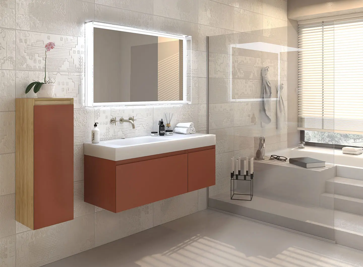 MILANO - Terracotta lacquered and Oak wood unit
