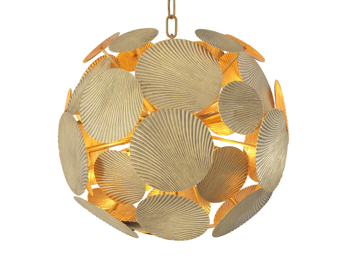 Chandelier Duvall - Chandelier Duvall goes well with a wide range of interior styles, from minimalist to boho. This dynamic modern ceiling pendant has an abstract design and a vintage brass finish. Circular plates of metal with a delicate relief pattern twirl around the frame to create unusual lighting effects.