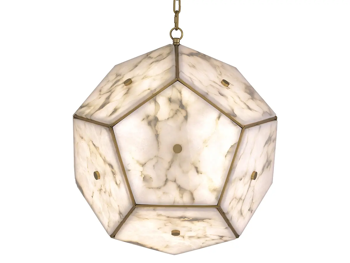 Lantern Gallo - Handcrafted by skilled artisans, Lantern Gallo stands out for its geometric design. Bring contemporary elegance to your home with this eye-catching lantern, featuring an antique brass finish frame and pentagon shaped slabs of alabaster.