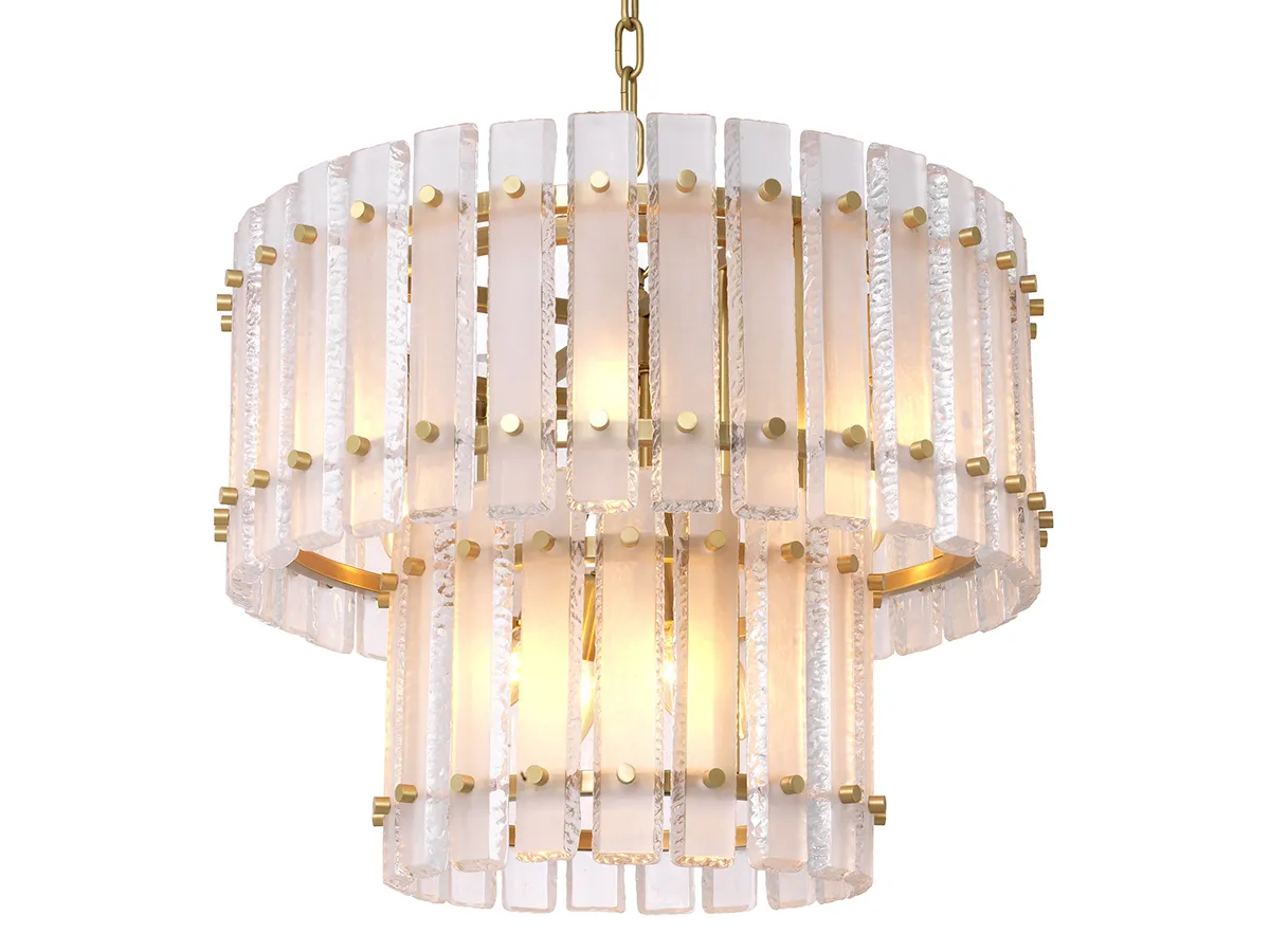 Chandelier Blason - Chandelier Blason presents a sophisticated contemporary twist on a classic design. Finished in antique brass, it features 10 lights in a tapered, two-tiered design. The drops are made of frosted glass with a smooth backside, which produces a startling effect when the lamp is lit.