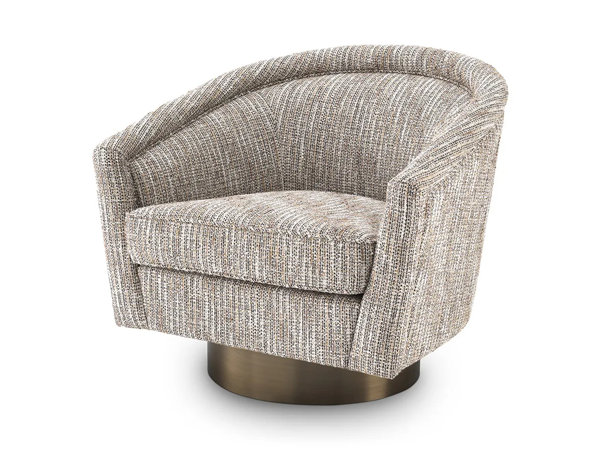 Swivel Chair Catene - Relax to the max in the stylish Catene Swivel Chair. A contemporary design with hints of retro flair characterises this beautiful barrel chair that rests on a matte gold swivel base for a modern touch. The Mademoiselle beige upholstery gives this furniture piece a sumptuous look.