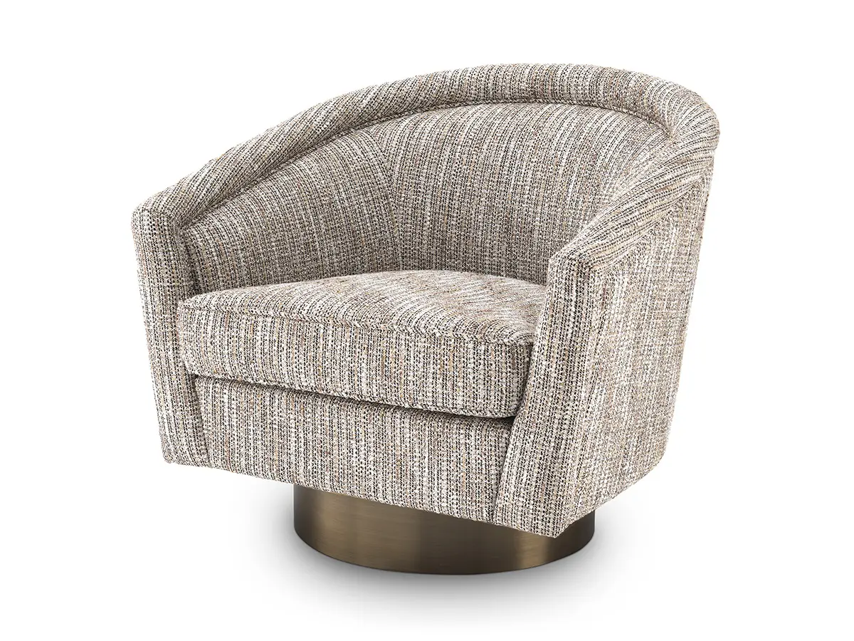 Swivel Chair Catene - Relax to the max in the stylish Catene Swivel Chair. A contemporary design with hints of retro flair characterises this beautiful barrel chair that rests on a matte gold swivel base for a modern touch. The Mademoiselle beige upholstery gives this furniture piece a sumptuous look.