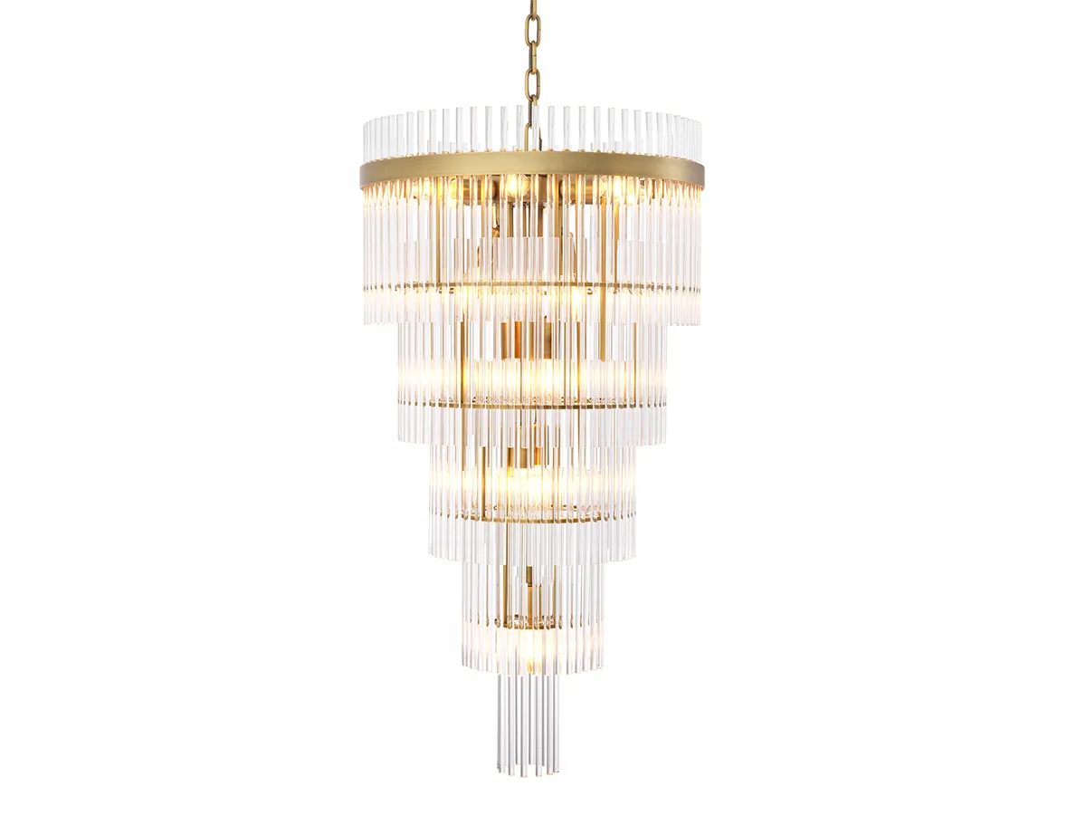 Chandelier Yara - Chandelier Yara features luxury clear glass tubes, arranged on an antique brass finish frame in four tiers for an impressive waterfall effect. The included antique brass finish chain makes the height of this classy chandelier adjustable on installation.