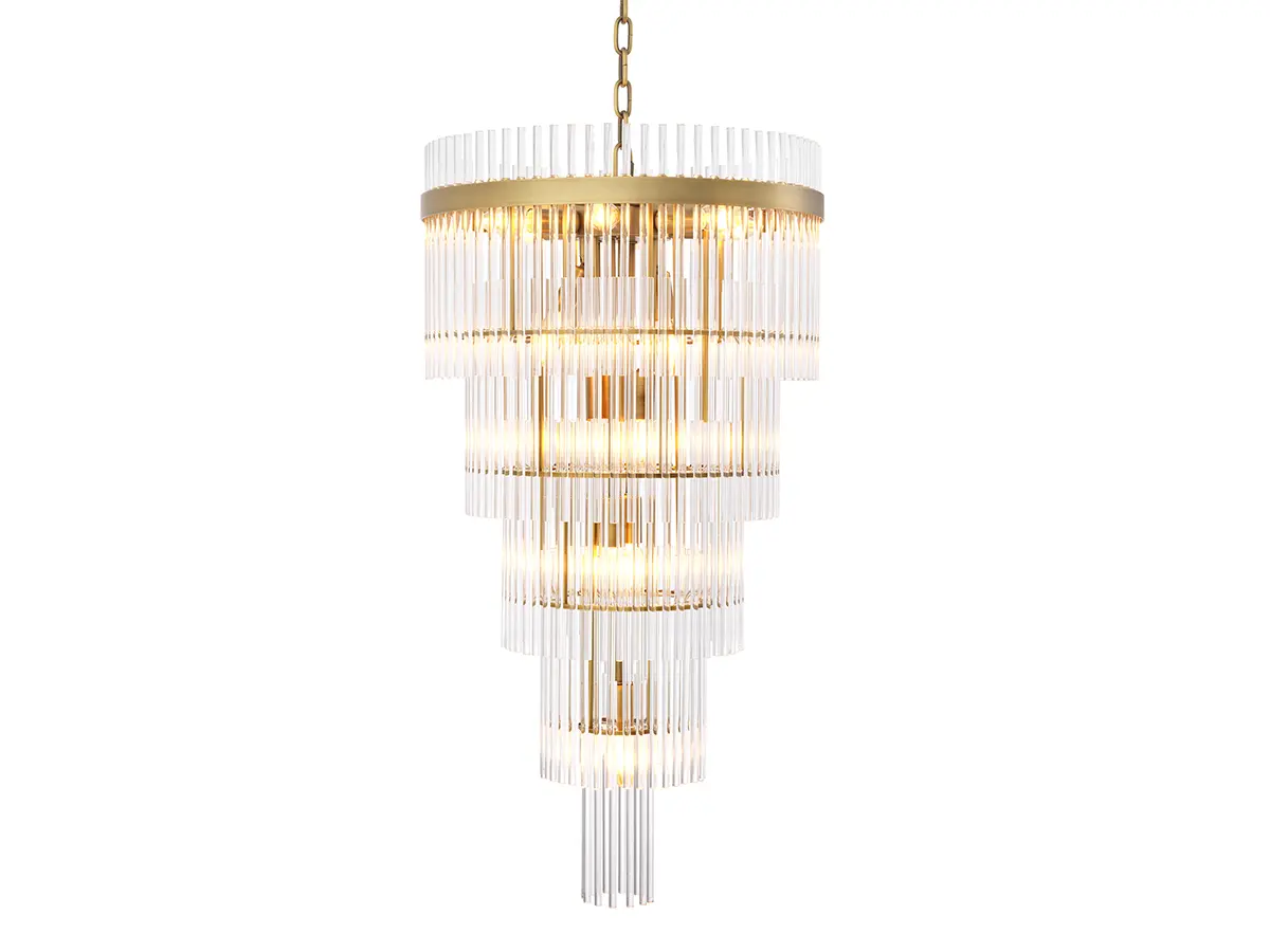 Chandelier Yara - Chandelier Yara features luxury clear glass tubes, arranged on an antique brass finish frame in four tiers for an impressive waterfall effect. The included antique brass finish chain makes the height of this classy chandelier adjustable on installation.