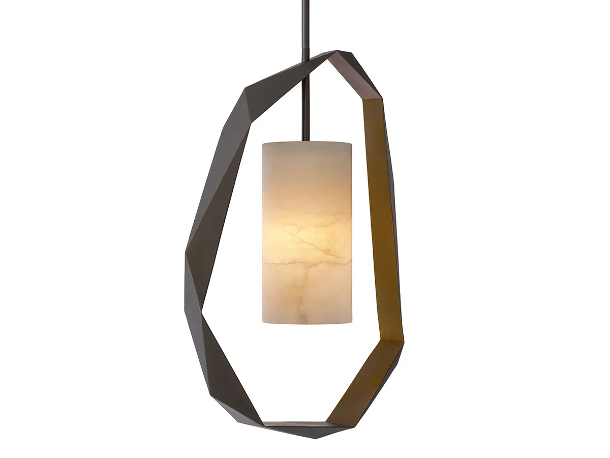 Chandelier Santos - The cut out shapes of Chandelier Santos create a modern silhouette that is suitable for any bedroom, living room, dining area, or even hallway. The outside of the metal is beautified with a gunmetal finish. The inside has an antique brass finish that gets a nice glow when the chandelier is lit. The tubular lampshade is made from translucent alabaster.