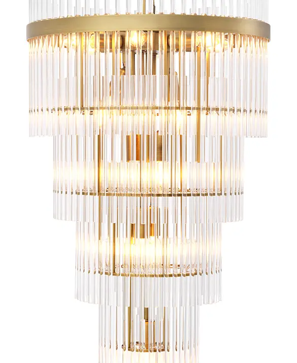 Chandelier Yara - Chandelier Yara features luxury clear glass tubes, arranged on an antique brass finish frame in four tiers for an impressive waterfall effect. The included antique brass finish chain makes the height of this classy chandelier adjustable on installation.