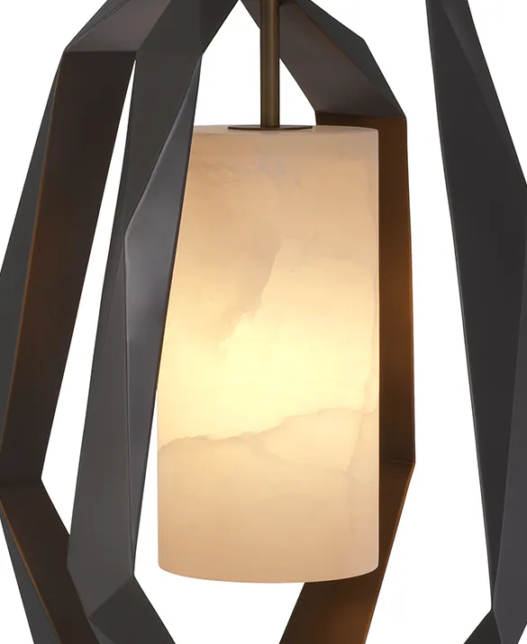 Chandelier Santos Double - The cut out shapes of Chandelier Santos Double create a modern silhouette that is suitable for any bedroom, living room, dining area, or even hallway. The outside of the metal is beautified with a gunmetal finish. The inside has an antique brass finish that gets a nice glow when the chandelier is lit. The tubular lampshade is made from translucent alabaster.