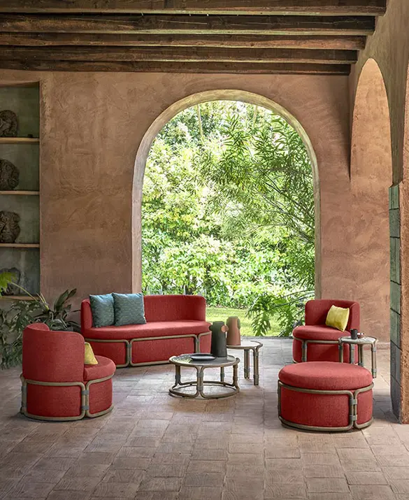 Lounge set in pickled teak and coffee table with stone or marble top.