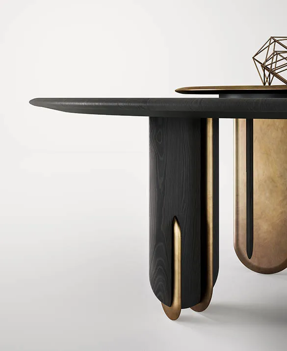 laurameroni talento rounded design table in wood and liquid metal