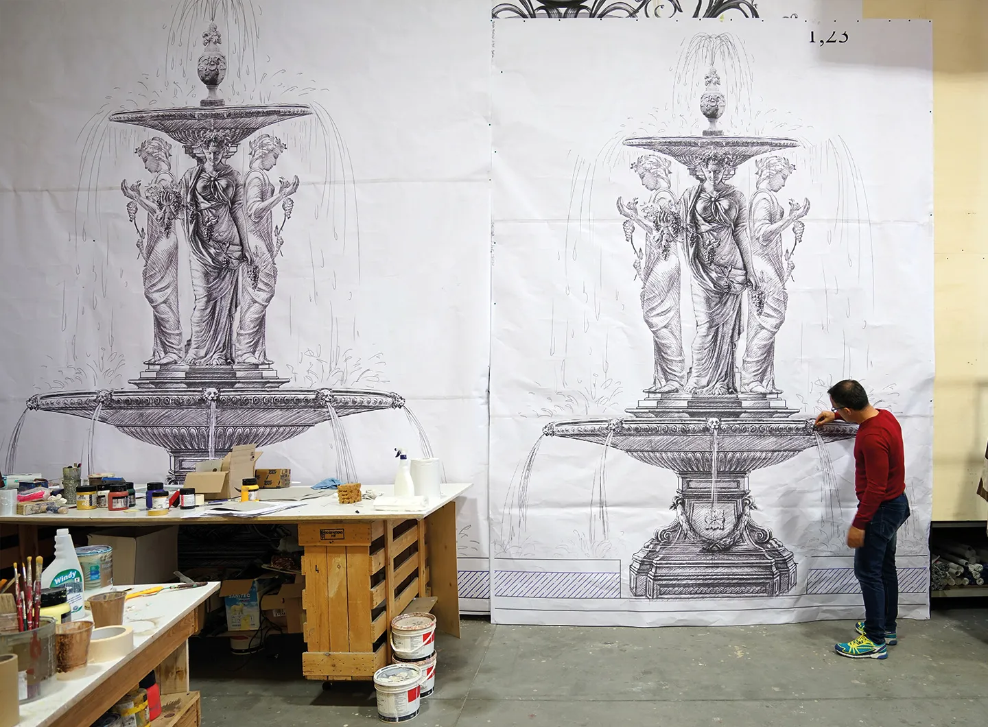 Life-size preparatory drawing of a bronze fountain