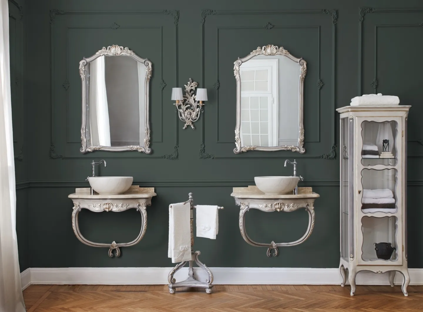 Bathroom console with mirror and hand-decorated display cabinet