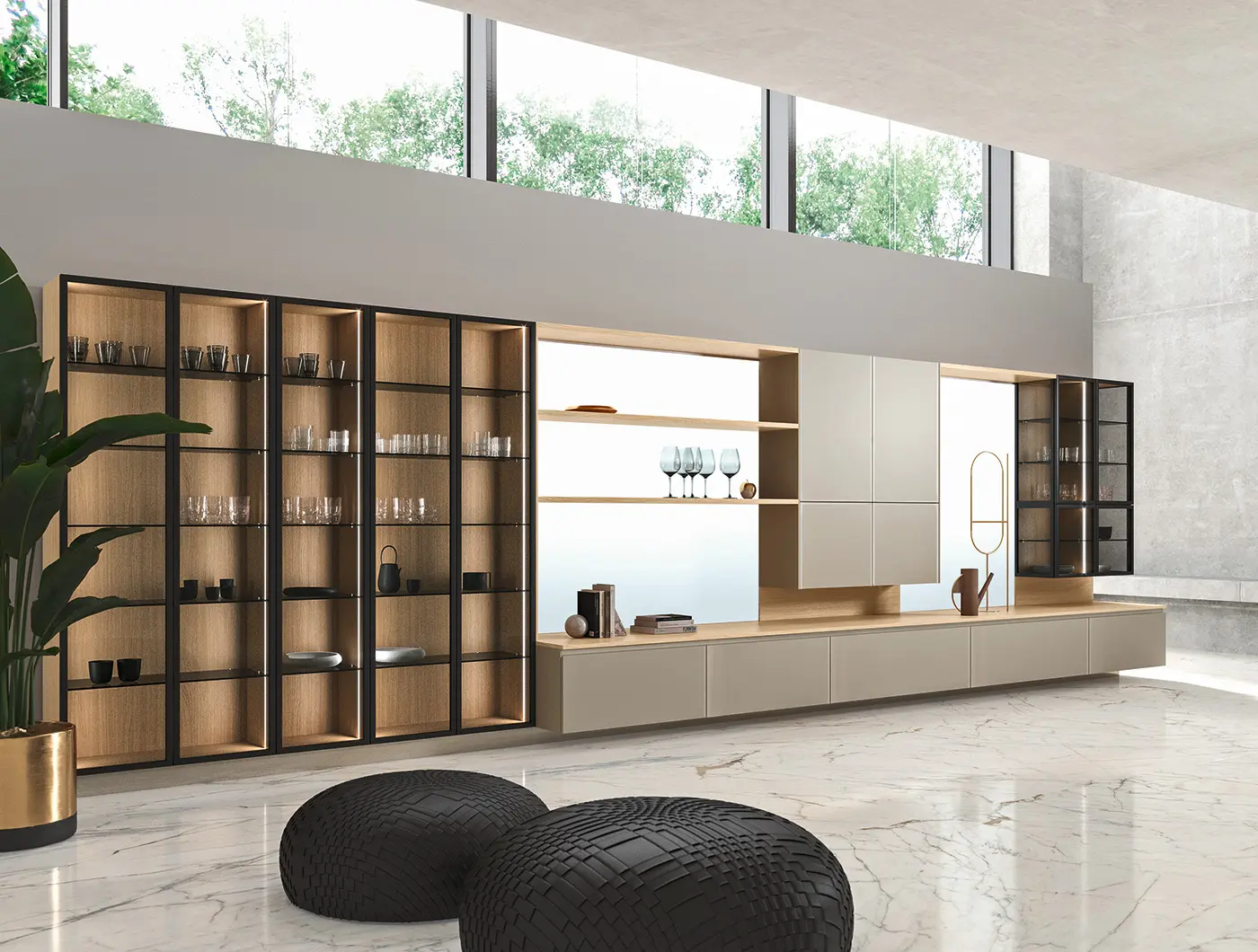 Vetrine Rialto integrate nelle soluzioni living 