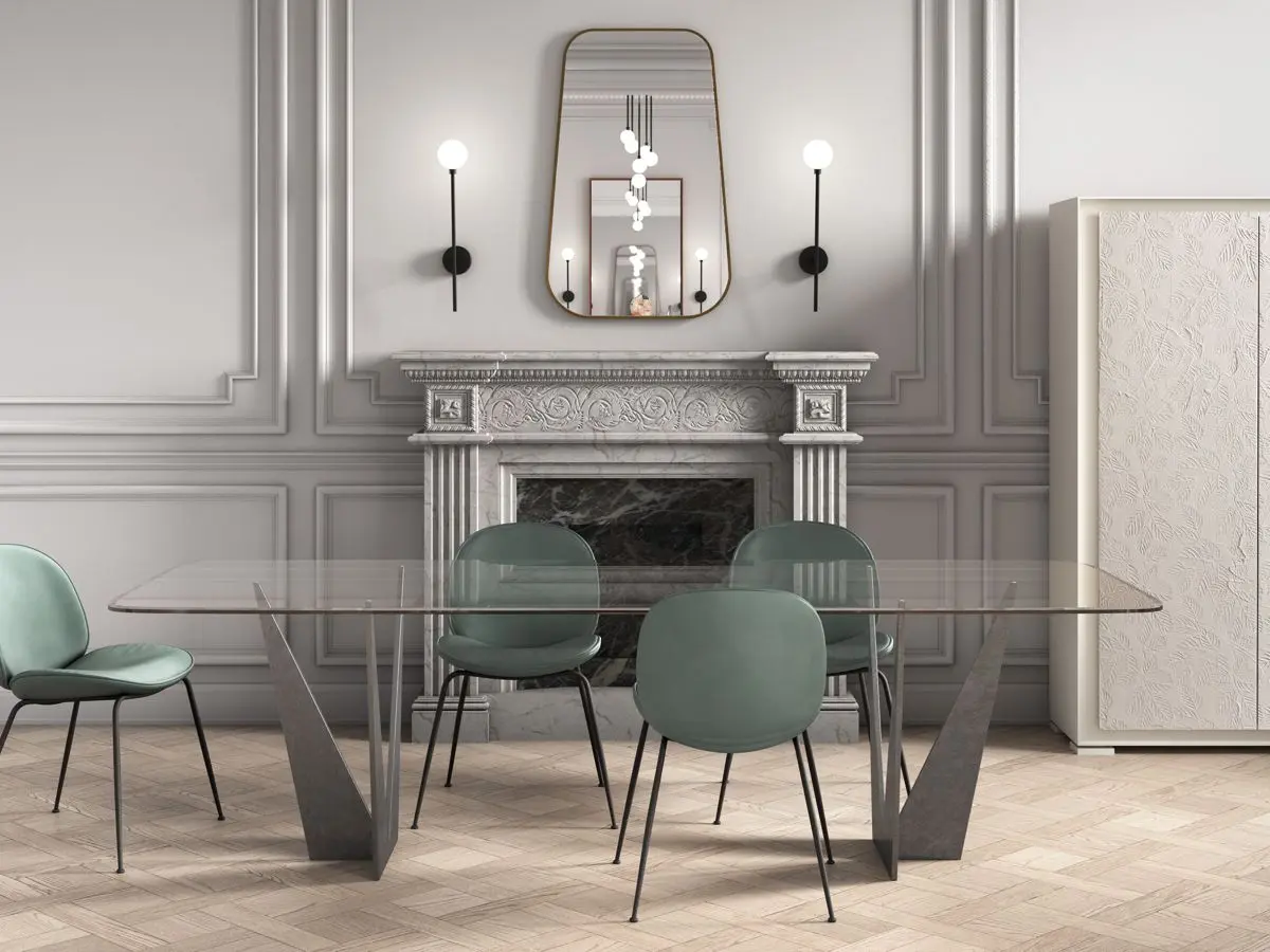 TABLE WITH METALLIC BASE AND GLASS TOP